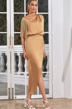 Ankle-Length Camel Formal Dress with Fringes