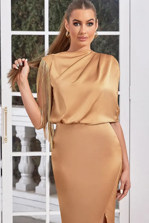Ankle-Length Camel Formal Dress with Fringes