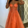 Appliques Corset Orange Spaghetti Straps A Line Prom Dress