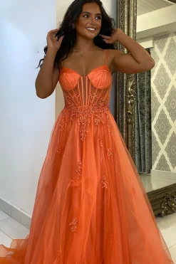 Appliques Corset Orange Spaghetti Straps A Line Prom Dress