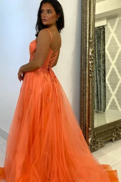 Appliques Corset Orange Spaghetti Straps A Line Prom Dress