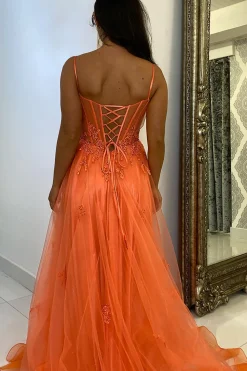 Appliques Corset Orange Spaghetti Straps A Line Prom Dress