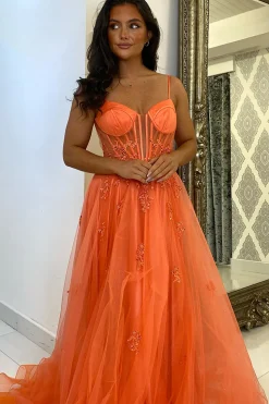 Appliques Corset Orange Spaghetti Straps A Line Prom Dress