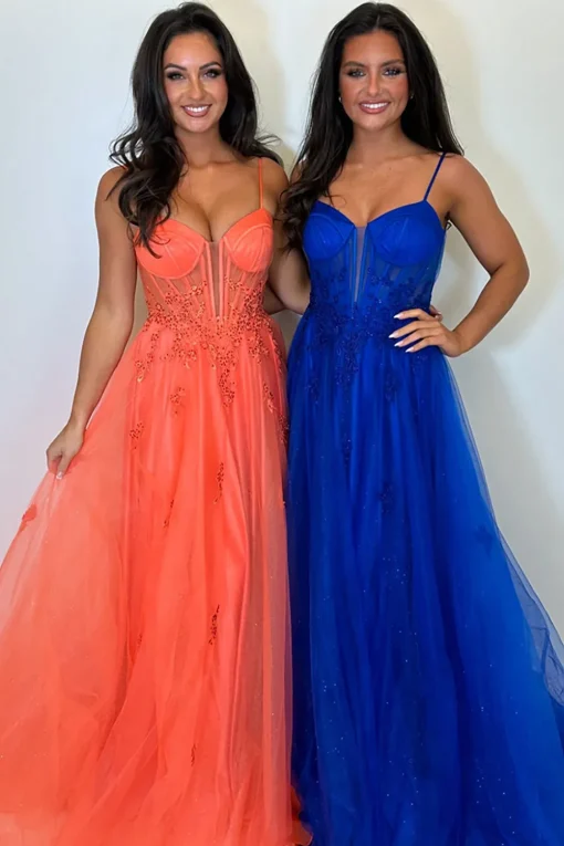 Appliques Corset Orange Spaghetti Straps A Line Prom Dress