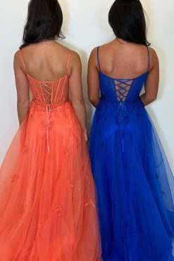 Appliques Corset Orange Spaghetti Straps A Line Prom Dress