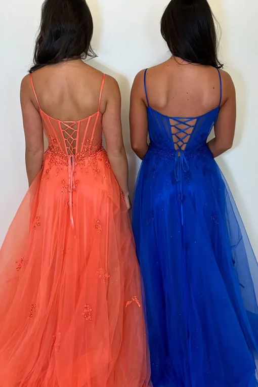 Appliques Corset Orange Spaghetti Straps A Line Prom Dress