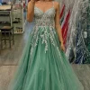 Appliques Floral Sage Spaghetti Straps A Line Tulle Prom Dress