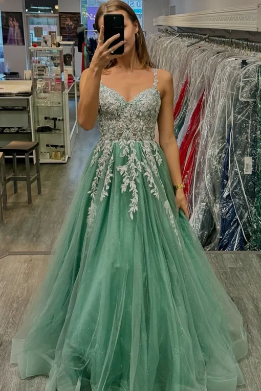 Appliques Floral Sage Spaghetti Straps A Line Tulle Prom Dress