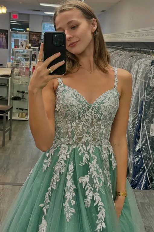 Appliques Floral Sage Spaghetti Straps A Line Tulle Prom Dress