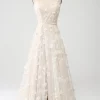 Apricot A Line Spaghetti Straps Appliques Long Wdding Dress with Slit