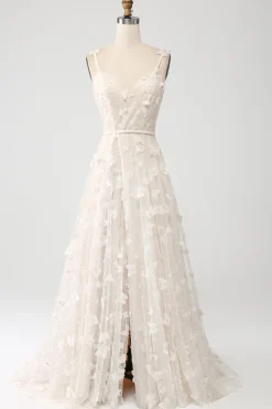 Apricot A Line Spaghetti Straps Appliques Long Wdding Dress with Slit