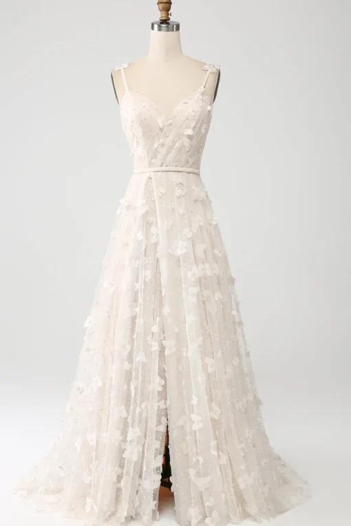 Apricot A Line Spaghetti Straps Appliques Long Wdding Dress with Slit