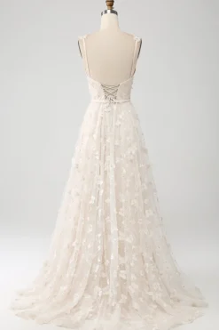 Apricot A Line Spaghetti Straps Appliques Long Wdding Dress with Slit