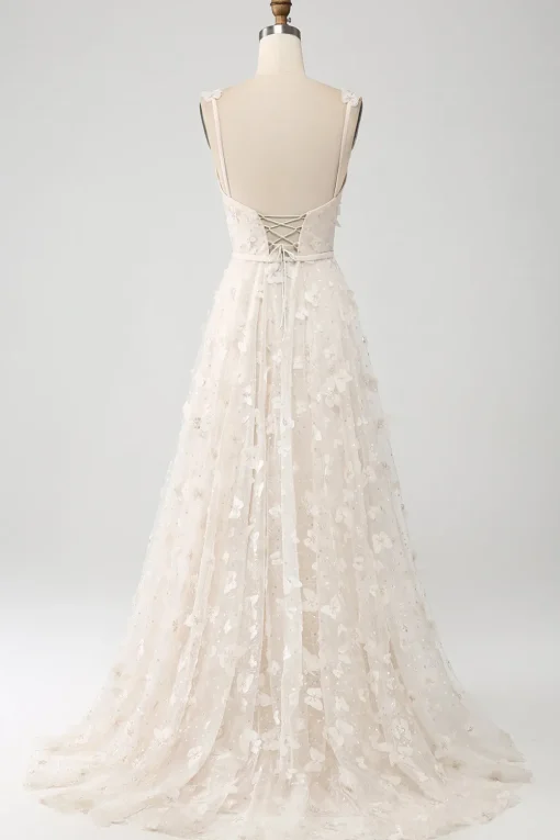 Apricot A Line Spaghetti Straps Appliques Long Wdding Dress with Slit