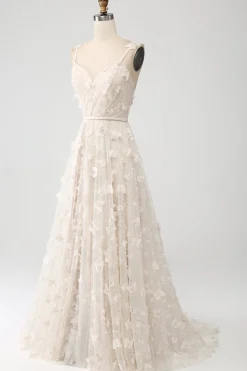 Apricot A Line Spaghetti Straps Appliques Long Wdding Dress with Slit