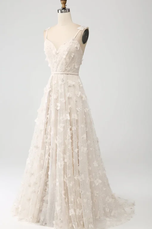 Apricot A Line Spaghetti Straps Appliques Long Wdding Dress with Slit