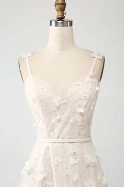 Apricot A Line Spaghetti Straps Appliques Long Wdding Dress with Slit