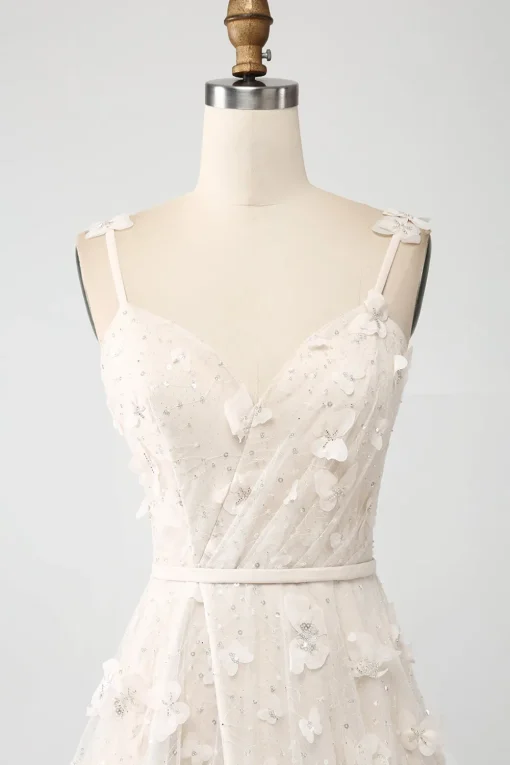 Apricot A Line Spaghetti Straps Appliques Long Wdding Dress with Slit