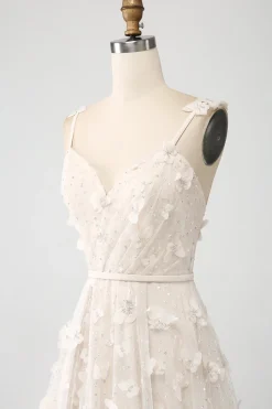Apricot A Line Spaghetti Straps Appliques Long Wdding Dress with Slit