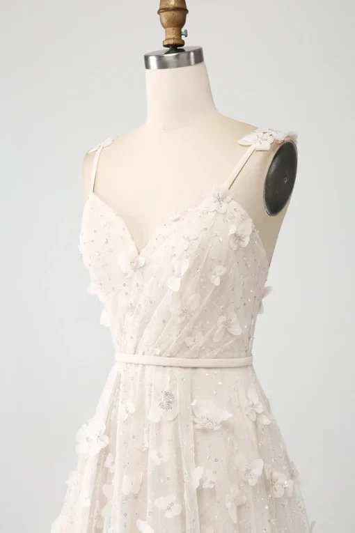 Apricot A Line Spaghetti Straps Appliques Long Wdding Dress with Slit