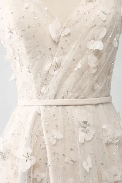 Apricot A Line Spaghetti Straps Appliques Long Wdding Dress with Slit
