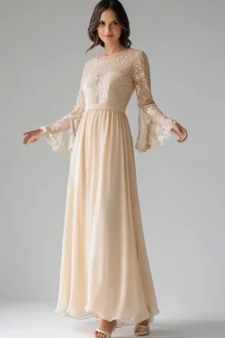 Apricot Chiffon Scoop Neck Flare Sleeves A Line Lace Mother of The Bride Dress