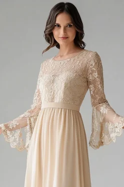 Apricot Chiffon Scoop Neck Flare Sleeves A Line Lace Mother of The Bride Dress