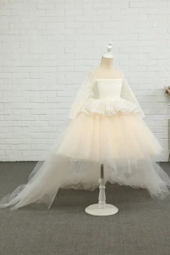 Apricot High-low Flower Girl Dress with Bow