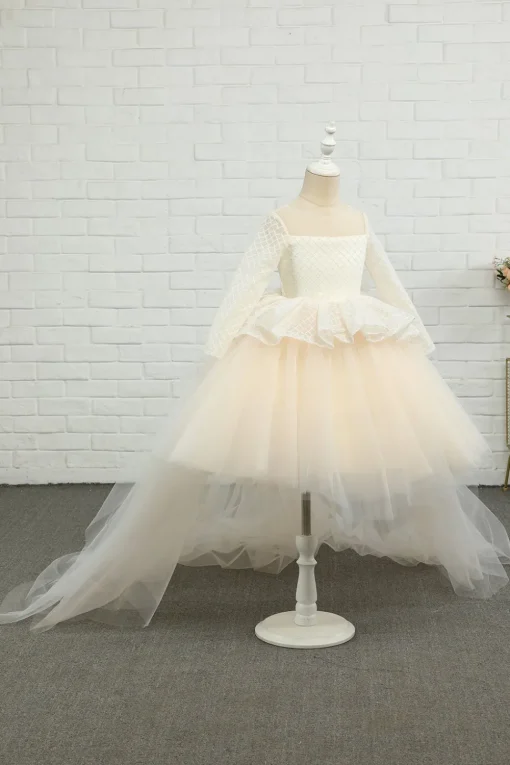 Apricot High-low Flower Girl Dress with Bow