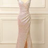 Apricot Sequins Ruched Long Prom Dress with Slit