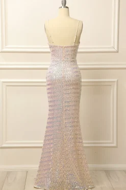 Apricot Sequins Ruched Long Prom Dress with Slit