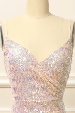 Apricot Sequins Ruched Long Prom Dress with Slit