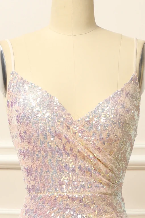 Apricot Sequins Ruched Long Prom Dress with Slit
