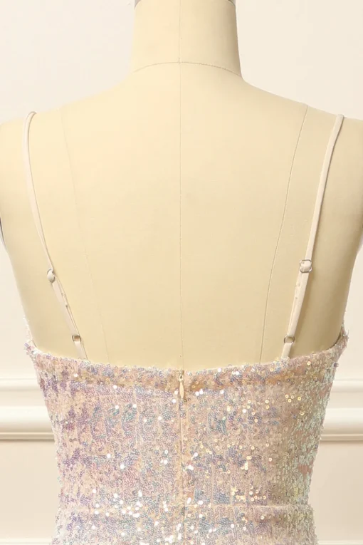 Apricot Sequins Ruched Long Prom Dress with Slit