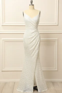 Apricot Sequins Ruched Long Prom Dress with Slit