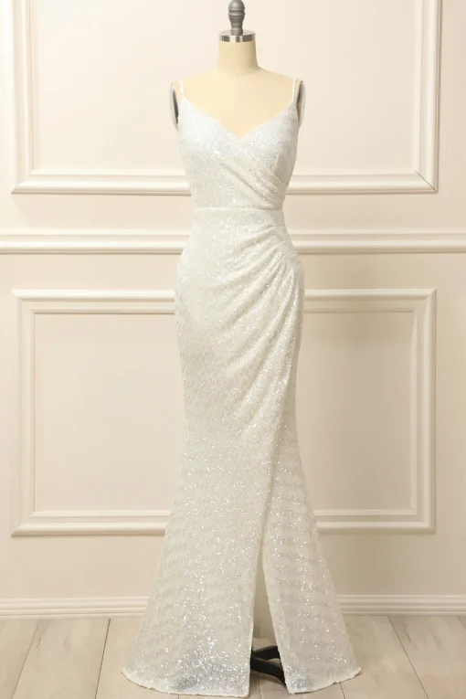 Apricot Sequins Ruched Long Prom Dress with Slit