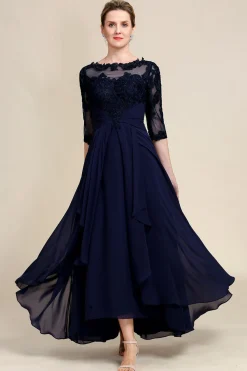 Asymmetrical Navy Mother of Bride Dress with Long Sleeves