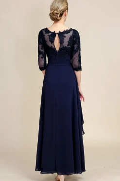 Asymmetrical Navy Mother of Bride Dress with Long Sleeves