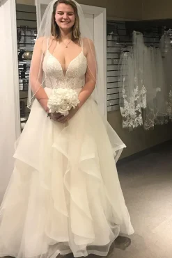 Asymmetrical Tulle Spaghetti Straps White Long Wedding Dress