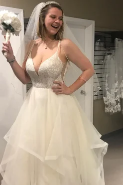 Asymmetrical Tulle Spaghetti Straps White Long Wedding Dress