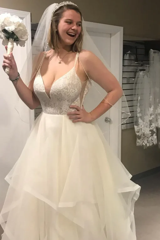 Asymmetrical Tulle Spaghetti Straps White Long Wedding Dress