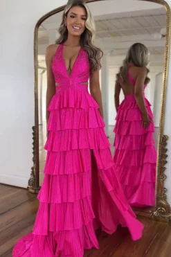 Beaded Corset Tiered Fuchsia Halter Neck A Line Long Prom Dress with Slit
