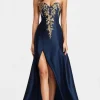 Beaded Navy Blue A Line Sweetheart Satin Sparkly Formal Dress with Slit