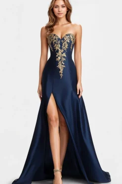 Beaded Navy Blue A Line Sweetheart Satin Sparkly Formal Dress with Slit