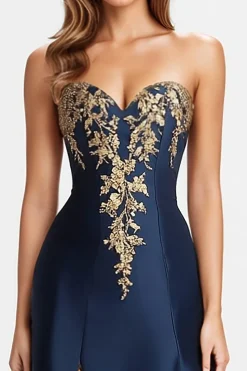 Beaded Navy Blue A Line Sweetheart Satin Sparkly Formal Dress with Slit