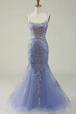 Beaded Purple Tulle Mermaid Prom Dress with Appliques