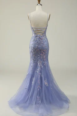 Beaded Purple Tulle Mermaid Prom Dress with Appliques