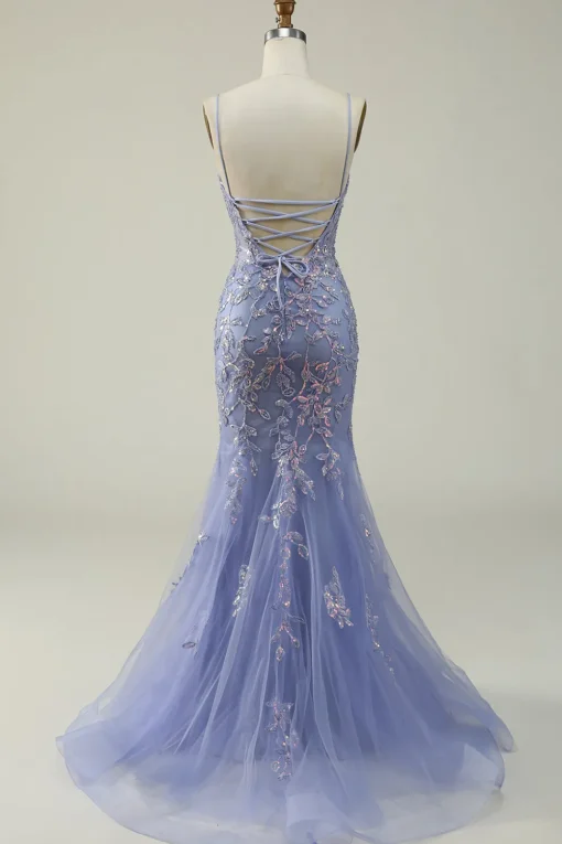 Beaded Purple Tulle Mermaid Prom Dress with Appliques