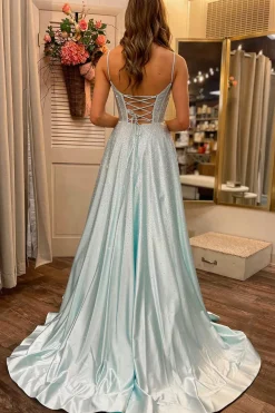 Beaded Spaghetti Straps Corset Prom Dress with Slit
