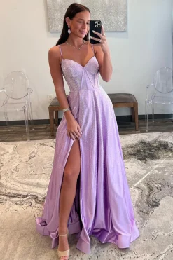 Beaded Spaghetti Straps Corset Prom Dress with Slit